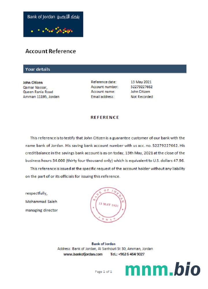 Przykład odniesienia Jordan bank of Jordan w formatach Word i PDF